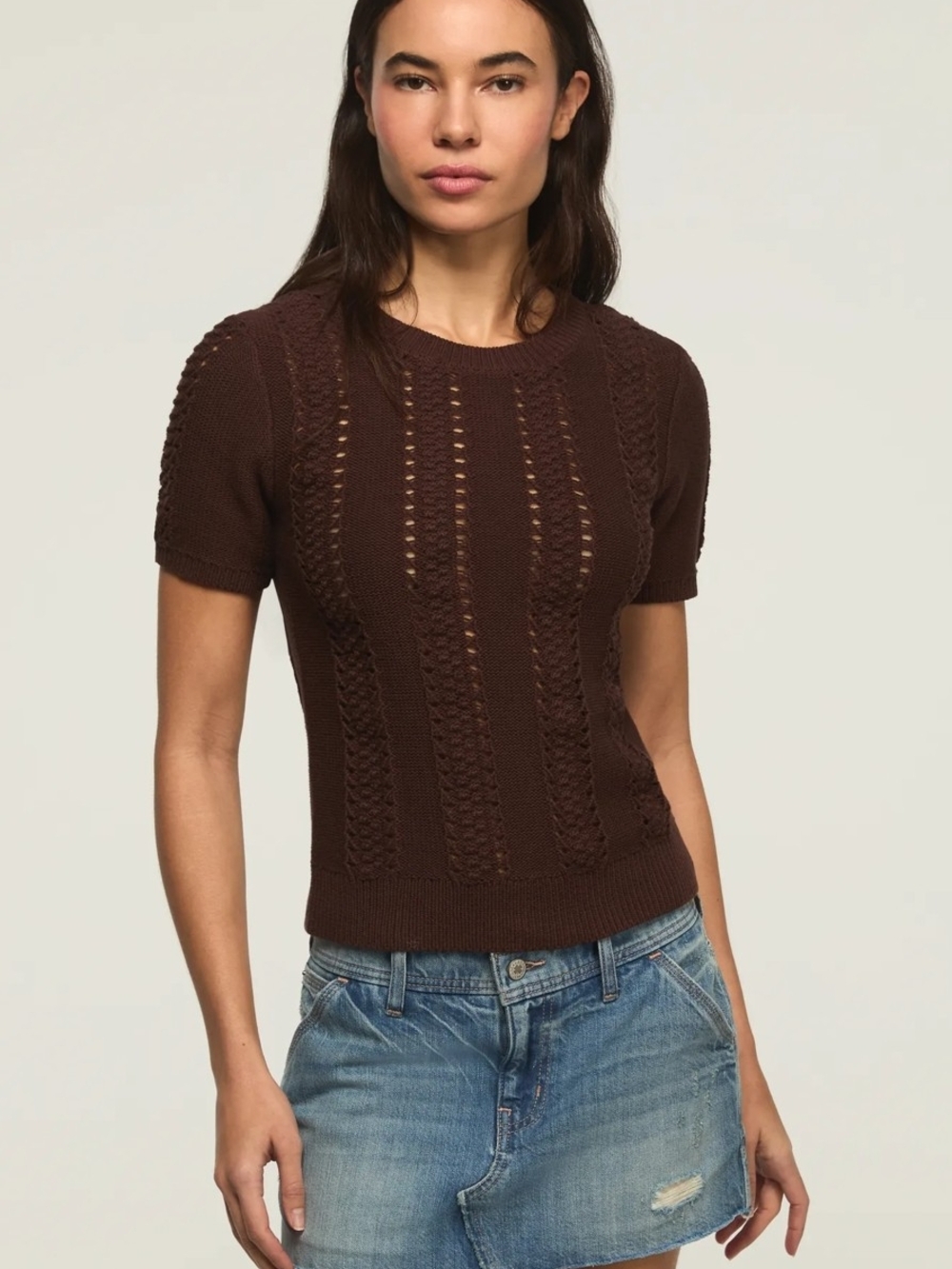 Lucky Brand Chocolate Brown Openwork Knit Short-Sleeve Top